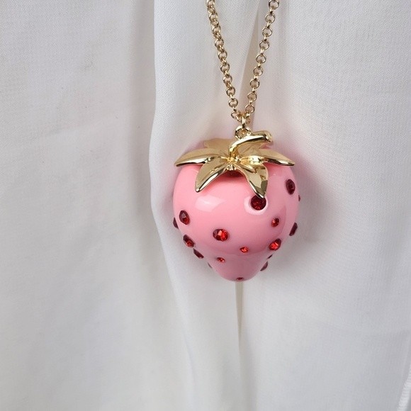 NWT Betsey Johnson Pink Strawberry-Red Rhinestone Long Necklace Gold Tone - Picture 3 of 7